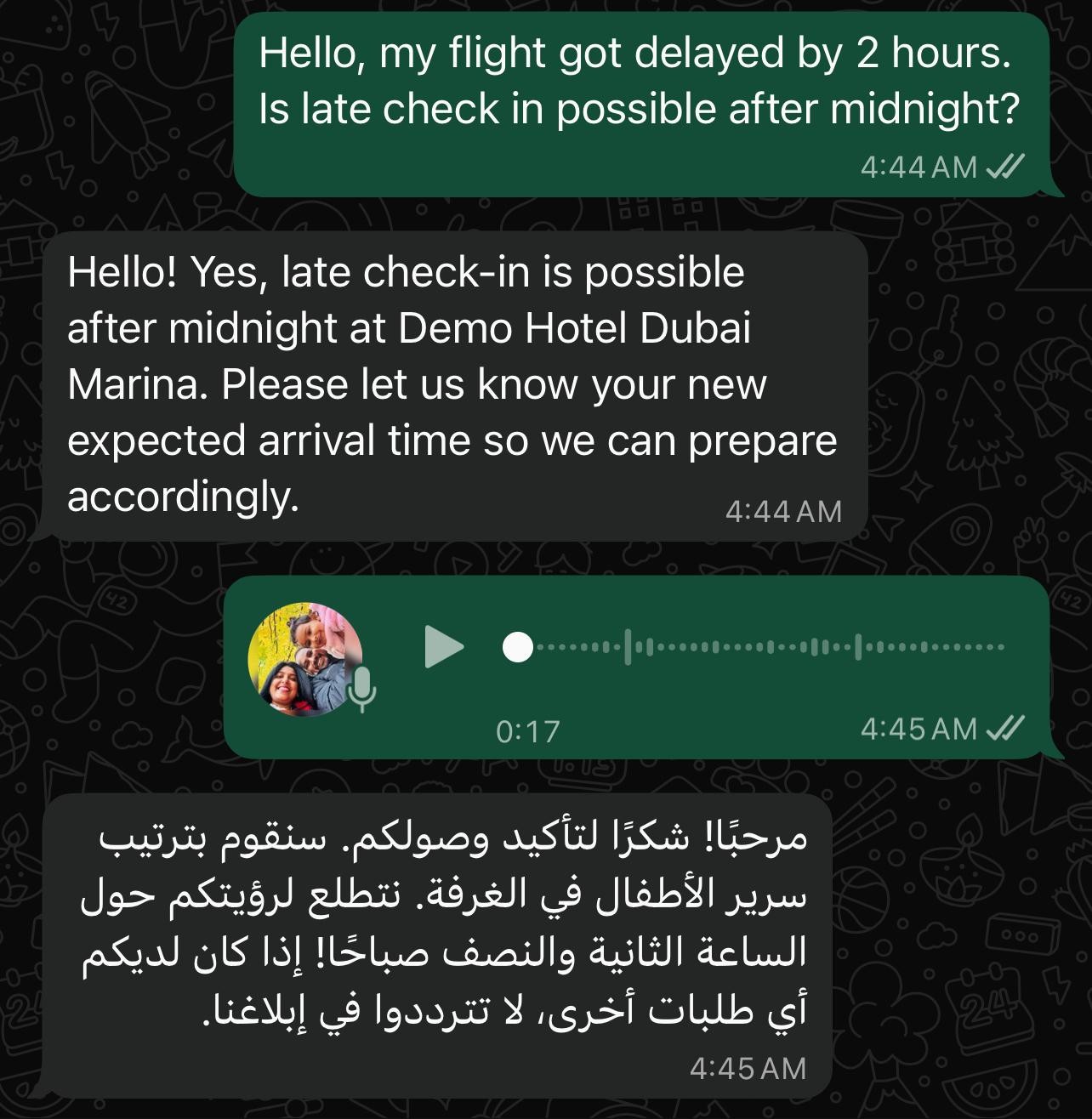 ECHO processing a voice note and replying in Arabic
